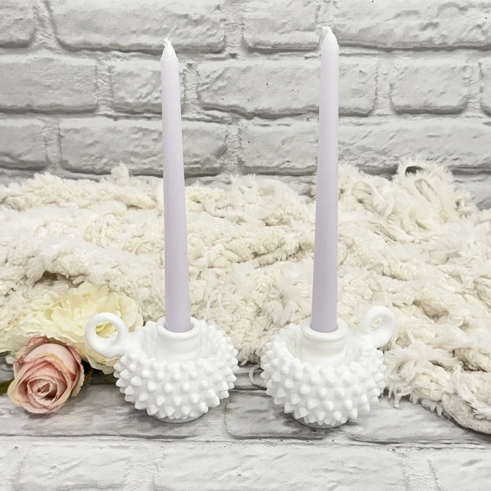 Vtg Fenton Hobnail White Milk Glass Single Finger Loop Handle Candle‎ Holder Set